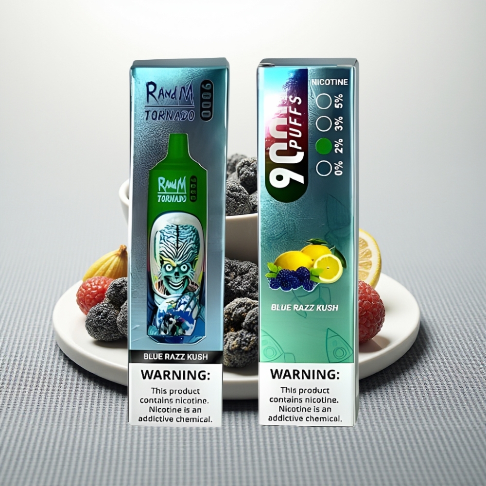 RandM Tornado 9000 Puffs 18mL Блакитна малина Kush RGB дисплей